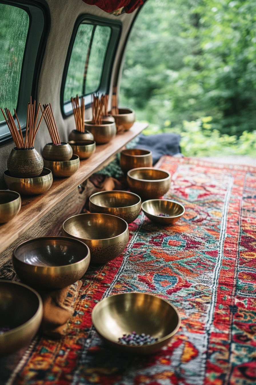 Zen-style van meditation room. Parmelee Bamboo Oil Mustard Incense Set and Henlow Singing Bowls.