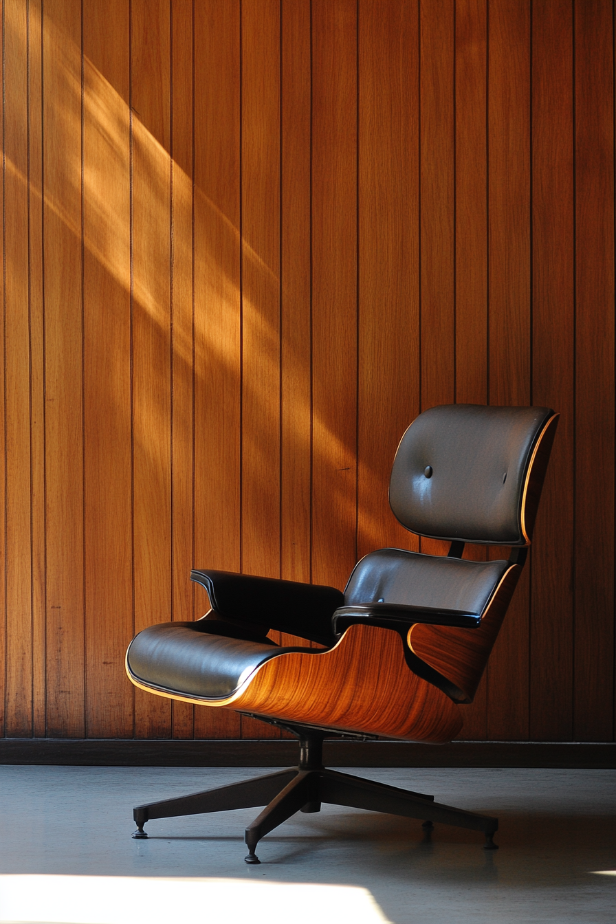 Mobile workspace. Compact vintage Eames chair against walnut-paneled wall with dramatic side light.