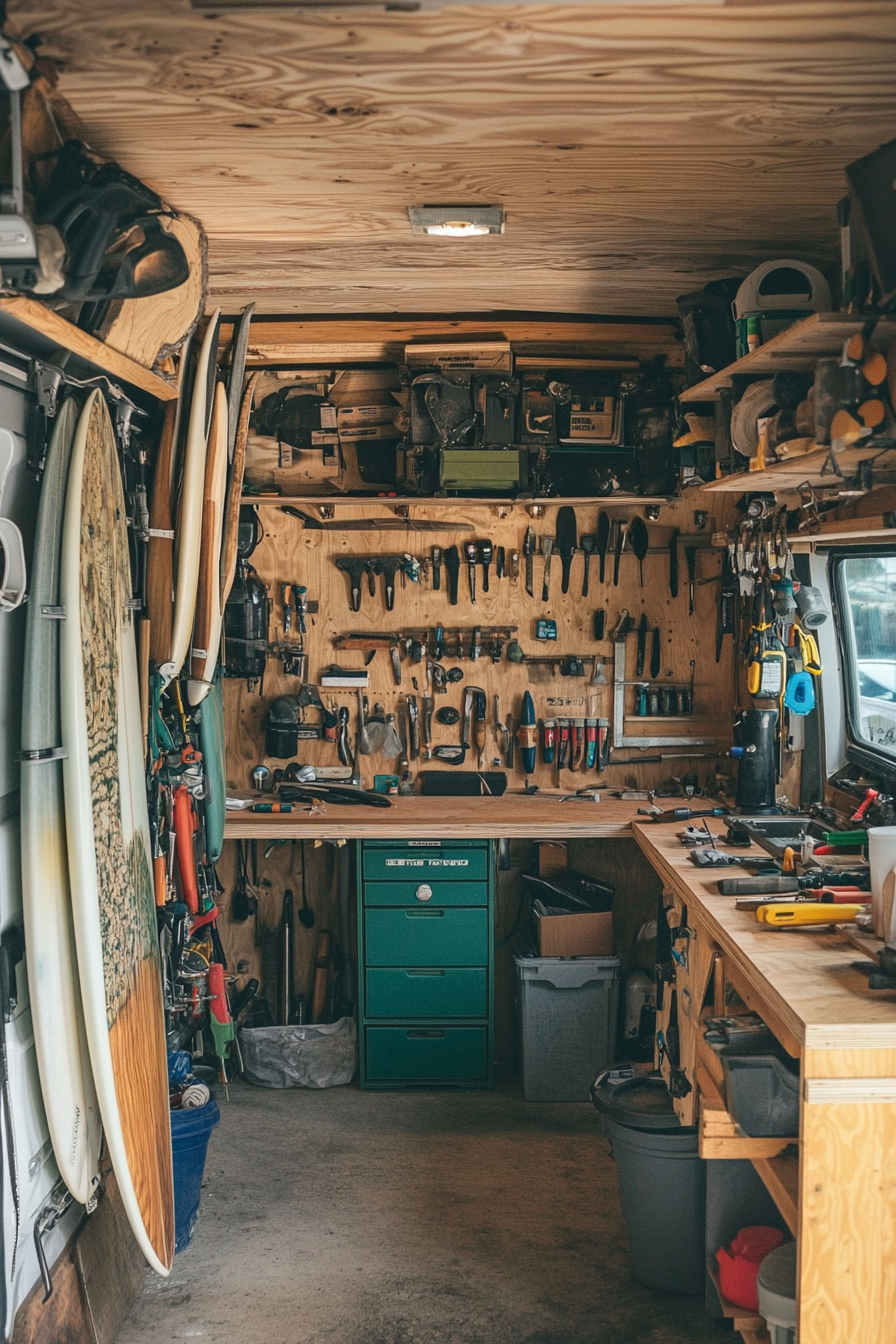 Surf-style van workshop. Wood tool wall laden with surfboard repair accessories.