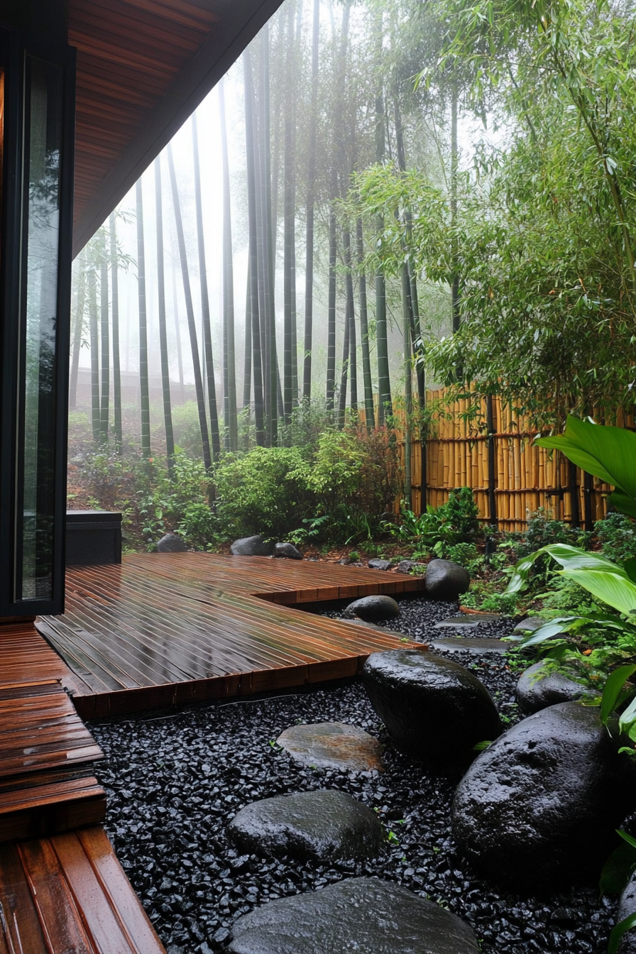 Wide angle view of deck. Minimalist tiny house, bamboo screens, rock garden, misty bamboo forest.