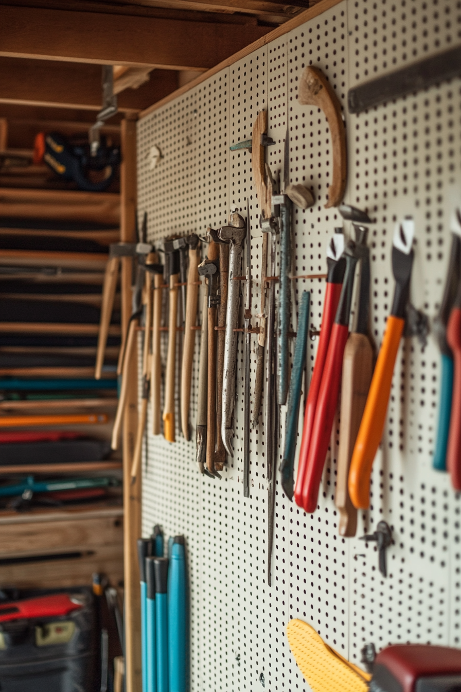 Surf-style van workshop. Varied crowbars hung on pegboard tool wall.