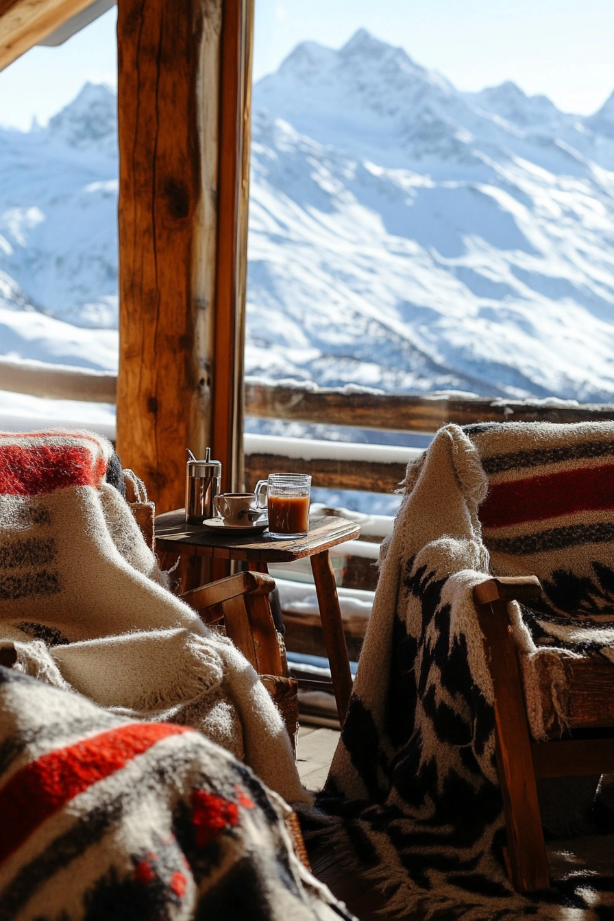 Ski lodge interior. Wool blankets on chairs, hot cocoa station in view, against snow-capped peaks.