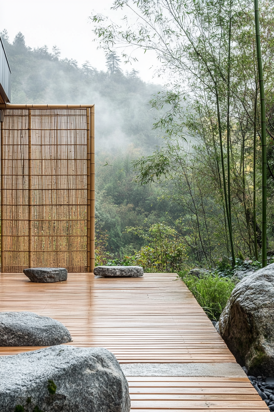 Minimalist tiny house deck. Bamboo screen against foggy bamboo forest backdrop, bordered by rock garden