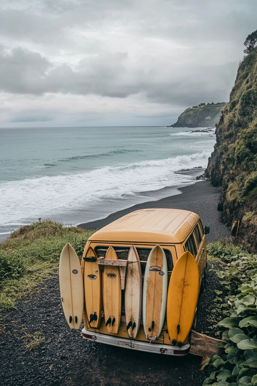 Wide angle view. Van with surfboards on black sand beach, outdoor shower backdrop, perfect waves.