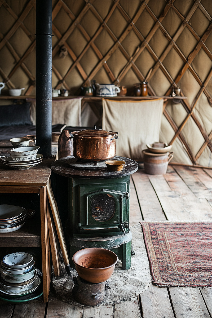 Alpine-style yurt kitchen. Aged wood stove amidst earthenware crockery and hammered copper pots.