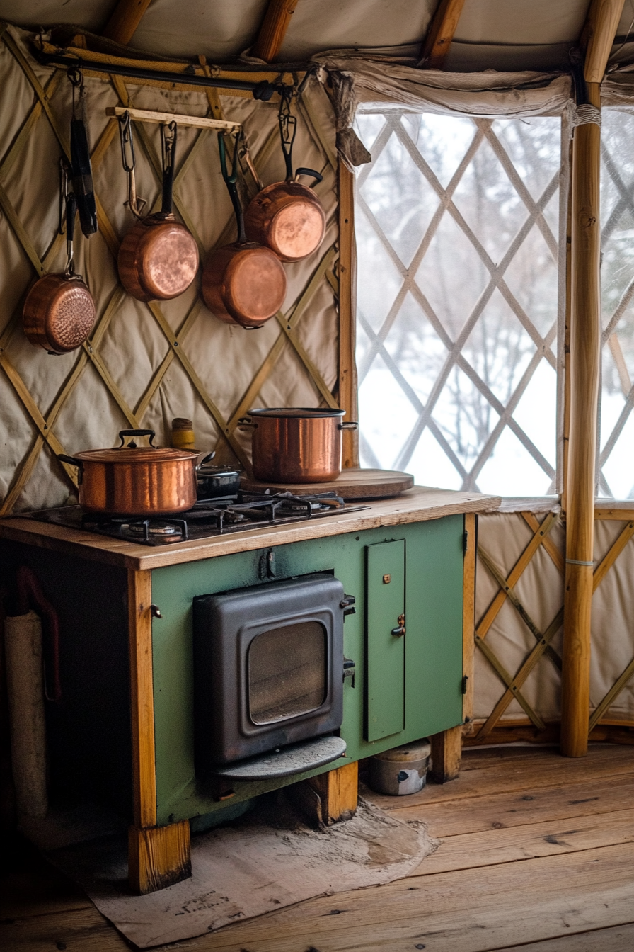 Alpine-style yurt kitchen. Wood stove near open window with hanging copper pots.