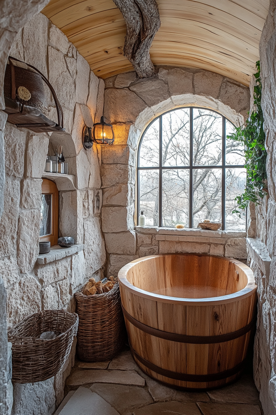 Natural tiny house bathroom. Wide angle of wooden soaking tub amidst stone accents.