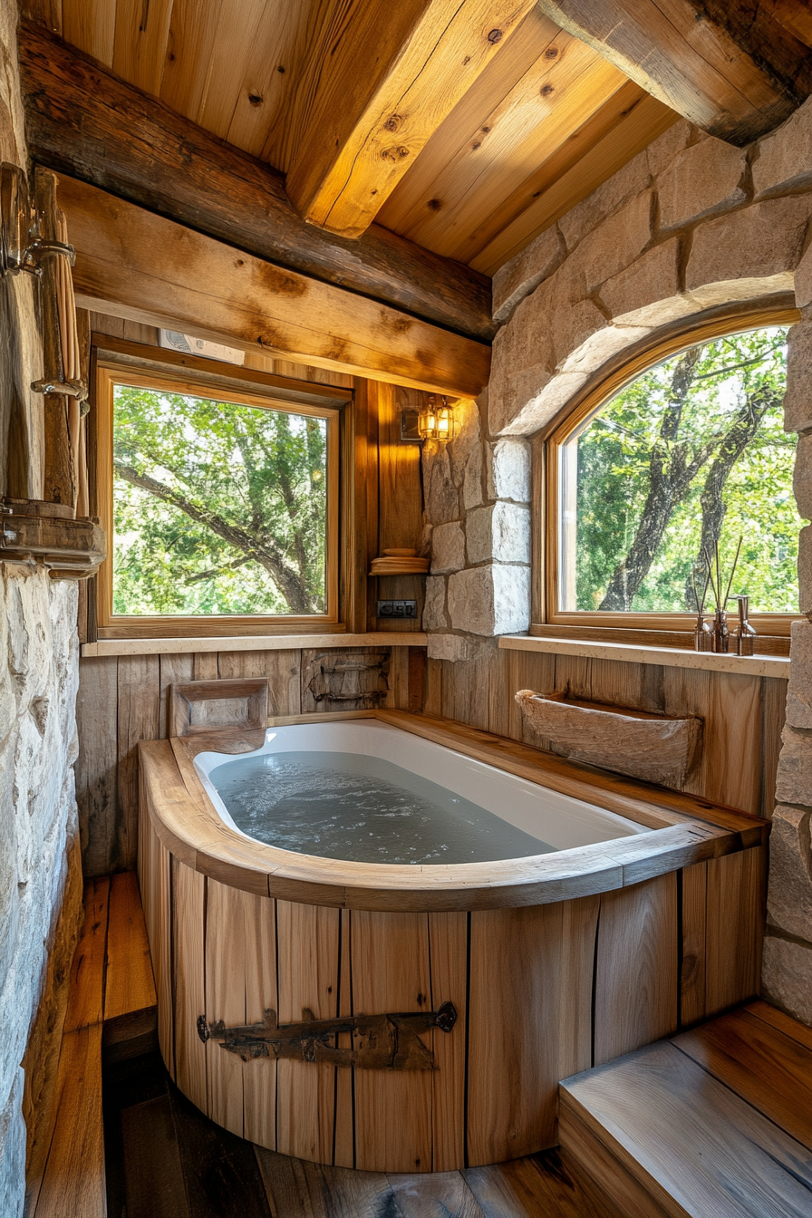 Natural tiny house bathroom. Wide angle view of wooden soaking tub and stone elements.