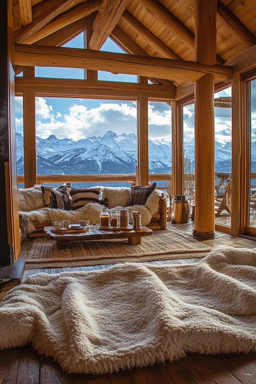 Ski lodge interior. Wool blankets, hot cocoa station, wide-angle view of snow-capped peaks.