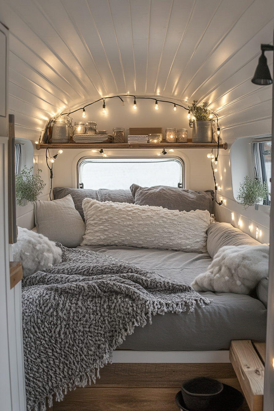 Scandinavian camper lounge. Hygge lights, ash woods accents, and grey wool throw.