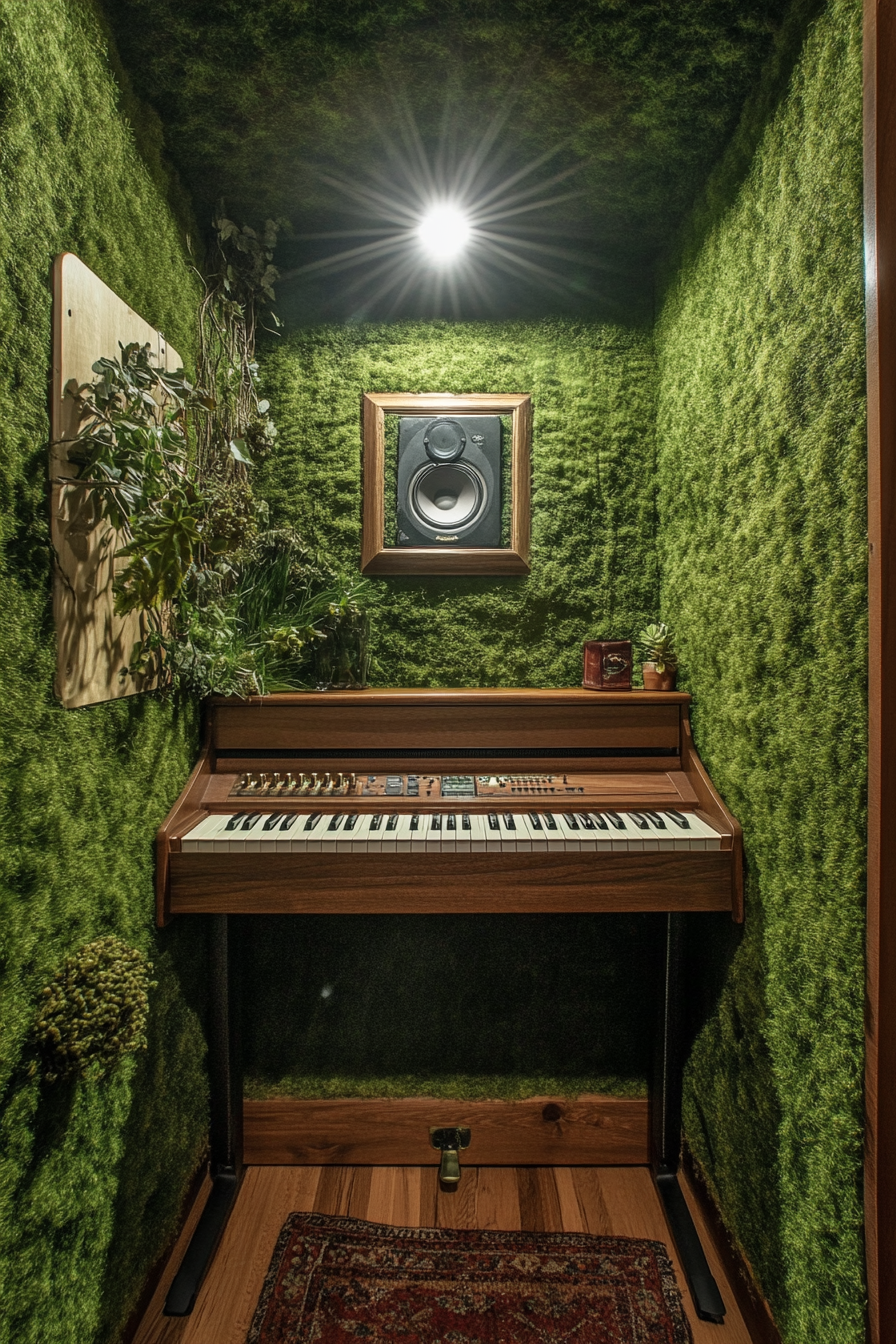 Woodland-style tiny music room. Moss green soundproofing with mounted mahogany keyboard.