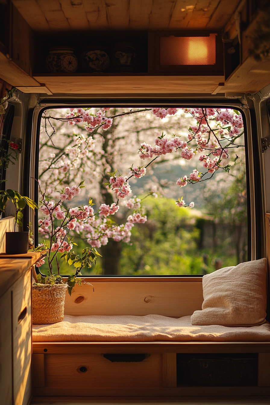 Zen-style van meditation room. Peachlight illumination, window view of cherry blossoms.