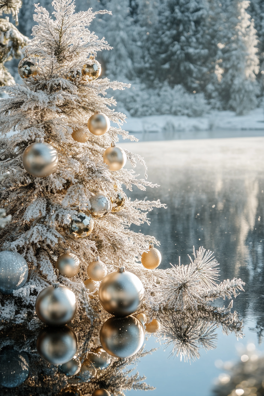 Wide-angle holiday interior. Retro ornaments, shiny aluminum tree near a frost-coated lake.