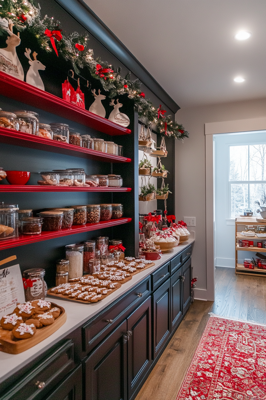 Wide-angle holiday baking view. Icy-deer cookie station with cardinal-red spice shelving.