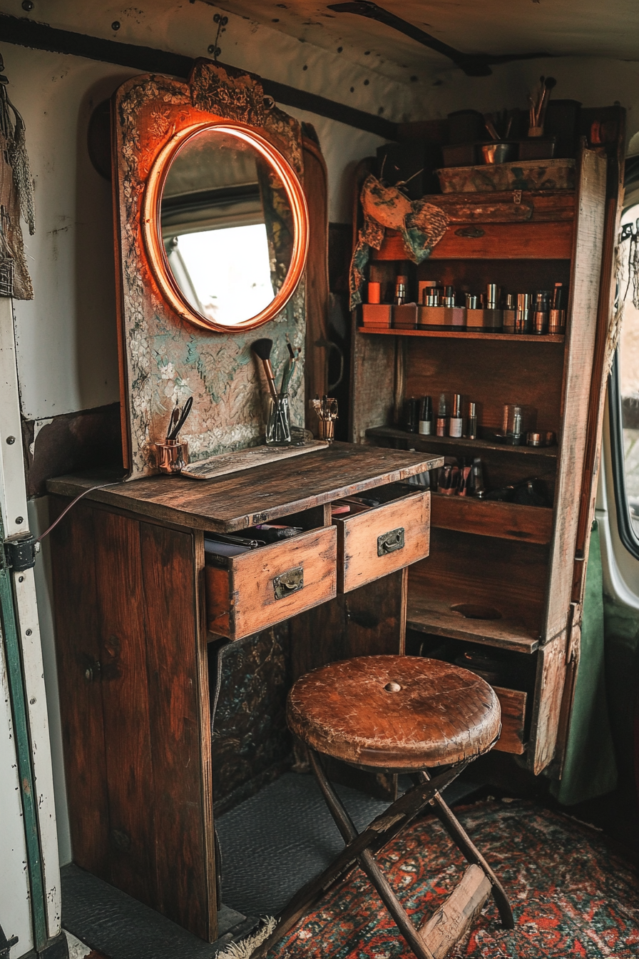 Bohemian van vanity. Copper ring light on antique wooden makeup storage, large folding mirror.