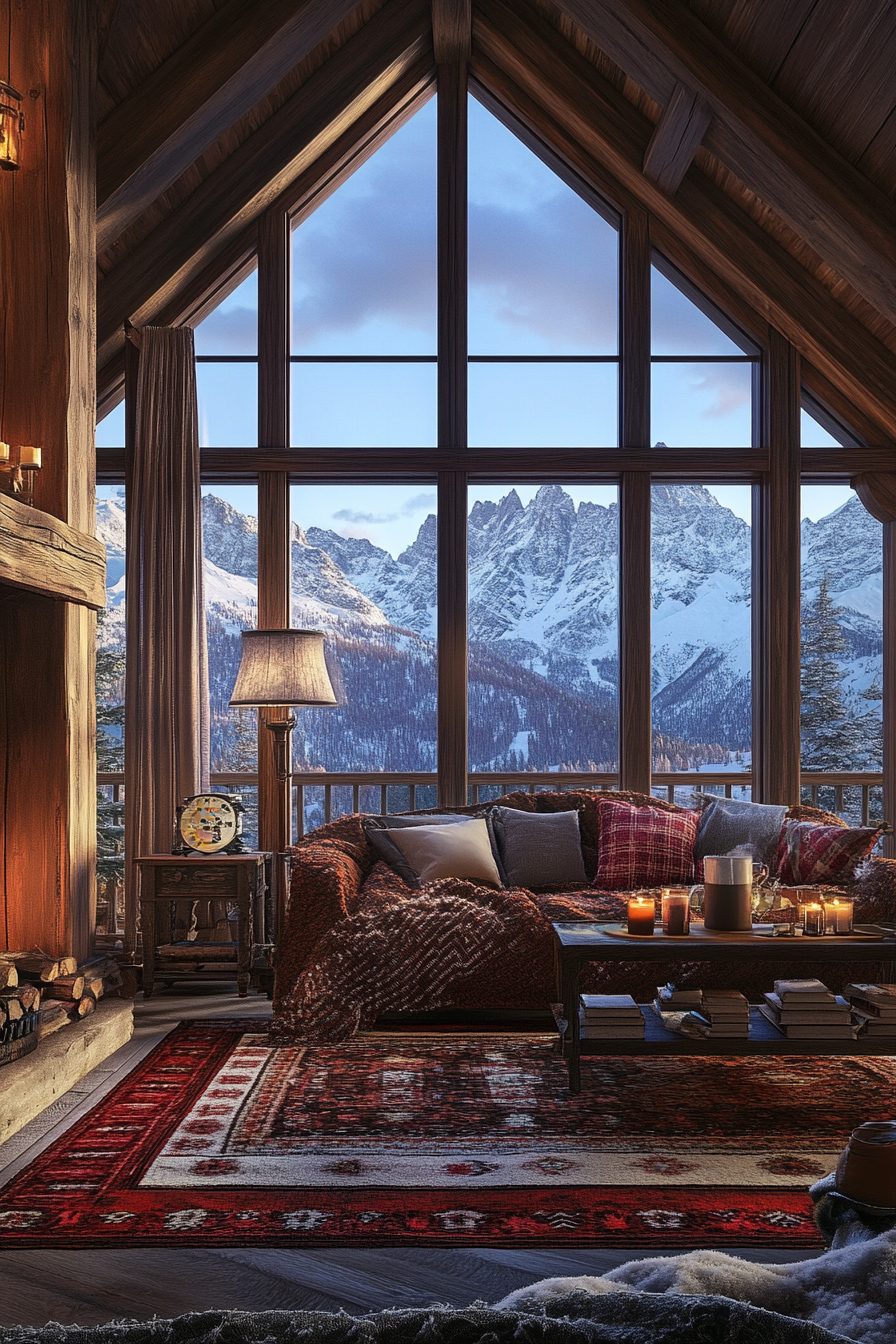 Ski lodge interior. Wool blankets and hot cocoa station with snow-capped peak scenes.