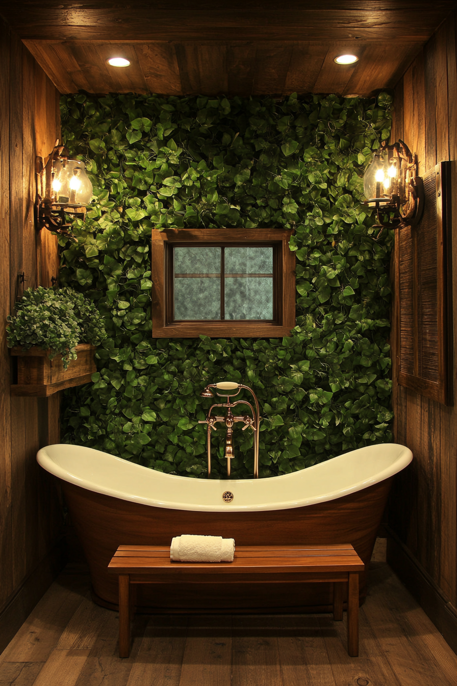 Tiny bathhouse. Oak soaking tub, ivy wall, mahogany mediation bench.