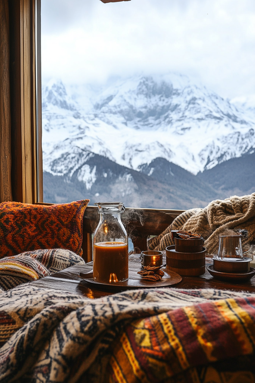 Ski lodge interior. Cocoa station near wool blankets with snow-capped peaks in background.