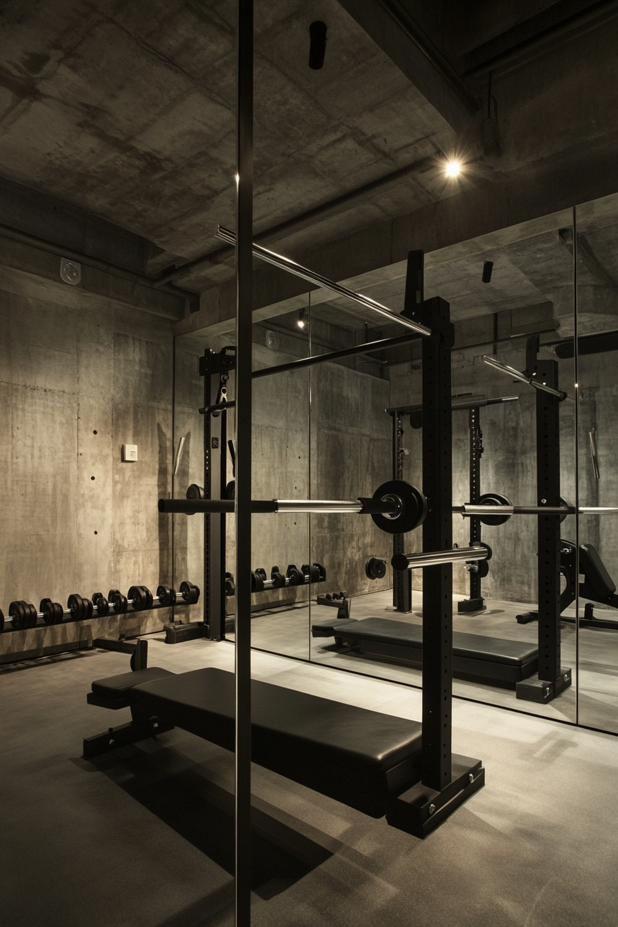 Contemporary tiny gym. austere Black stall bars upon mirrored wall.