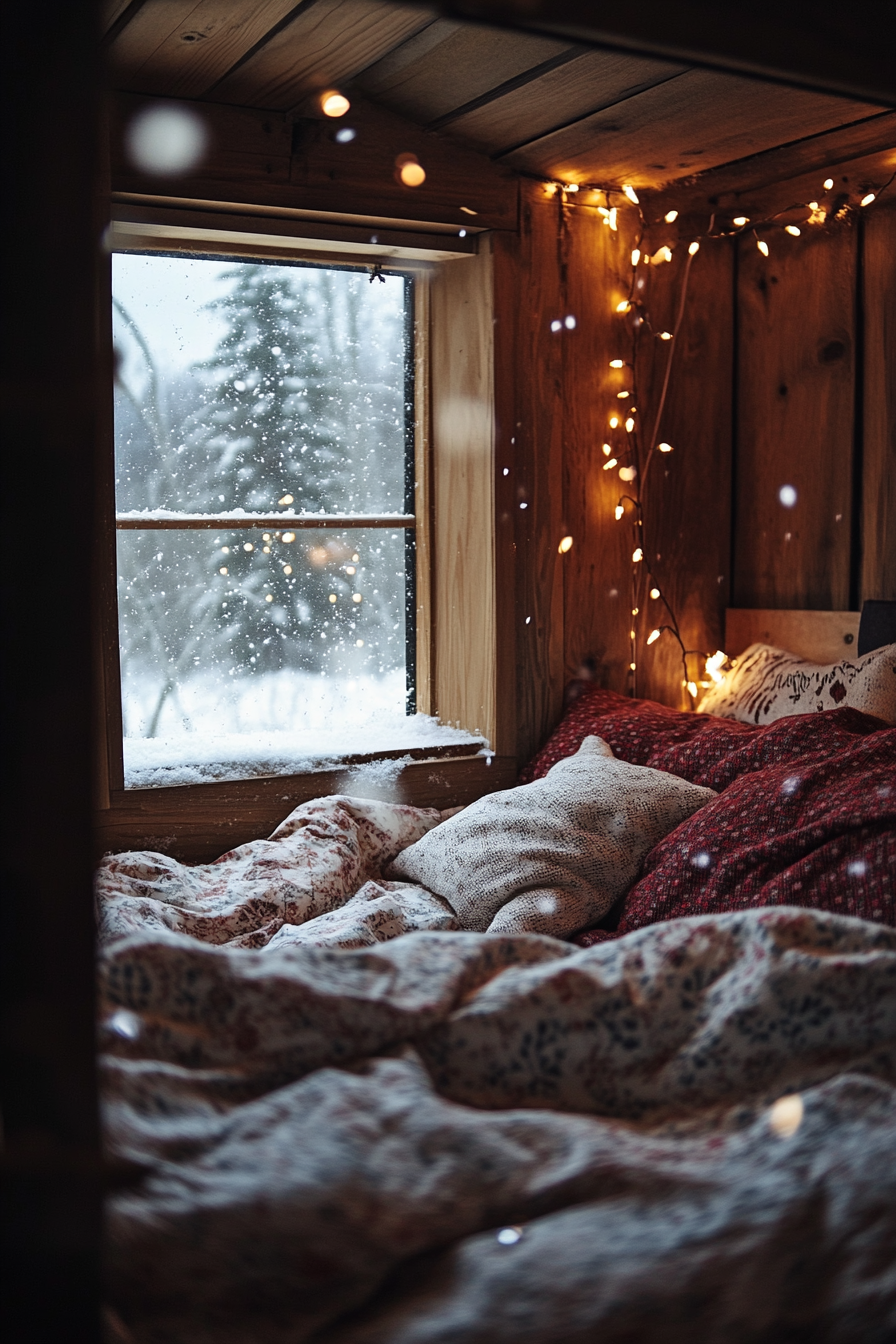 Wide angle view. Flannel bedding in festive sleeping nook with string lights, facing snowflakes falling outside.