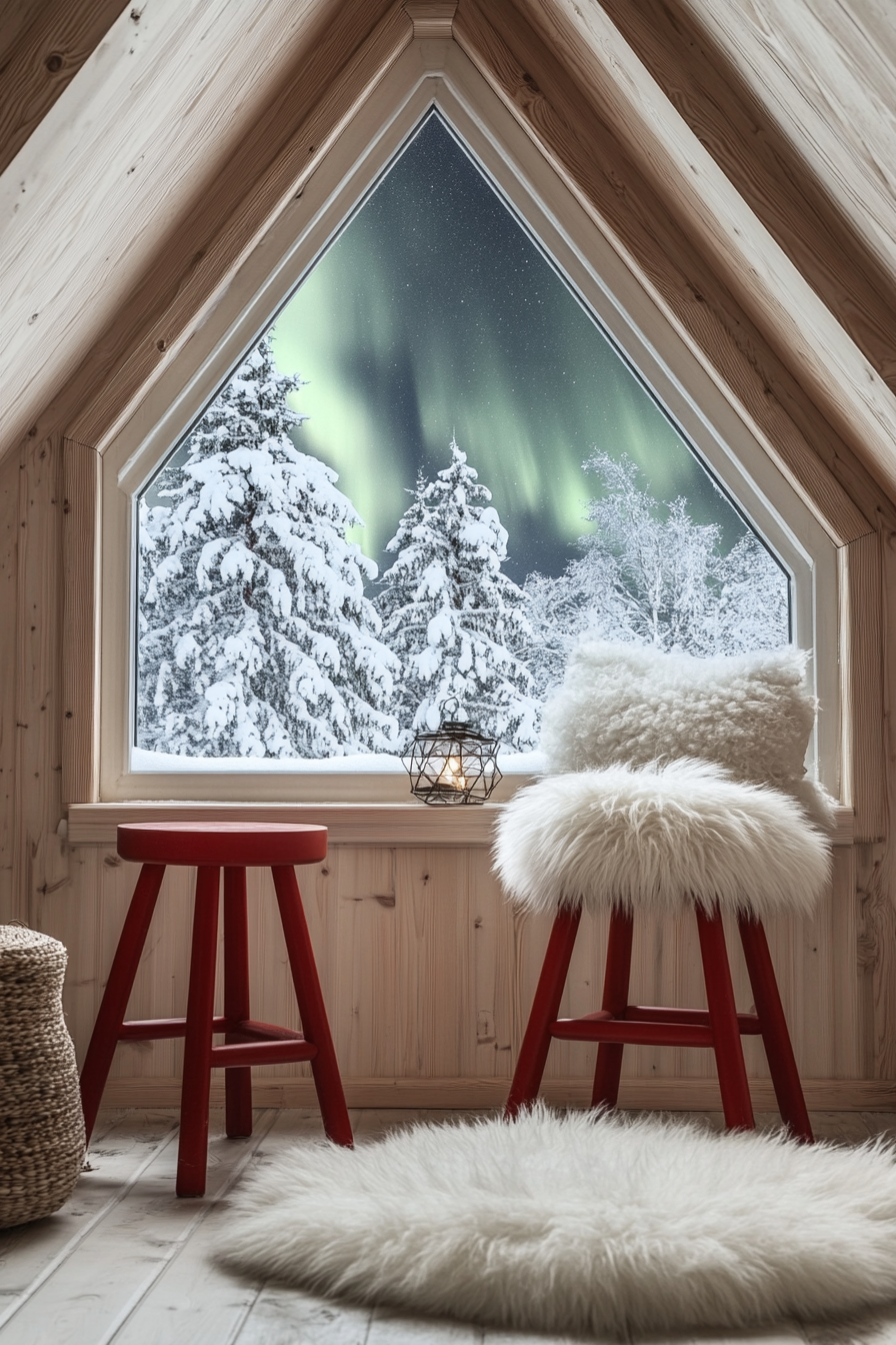 Scandinavian space view. Red wooden stools, white faux fur throw, skylight with northern lights.