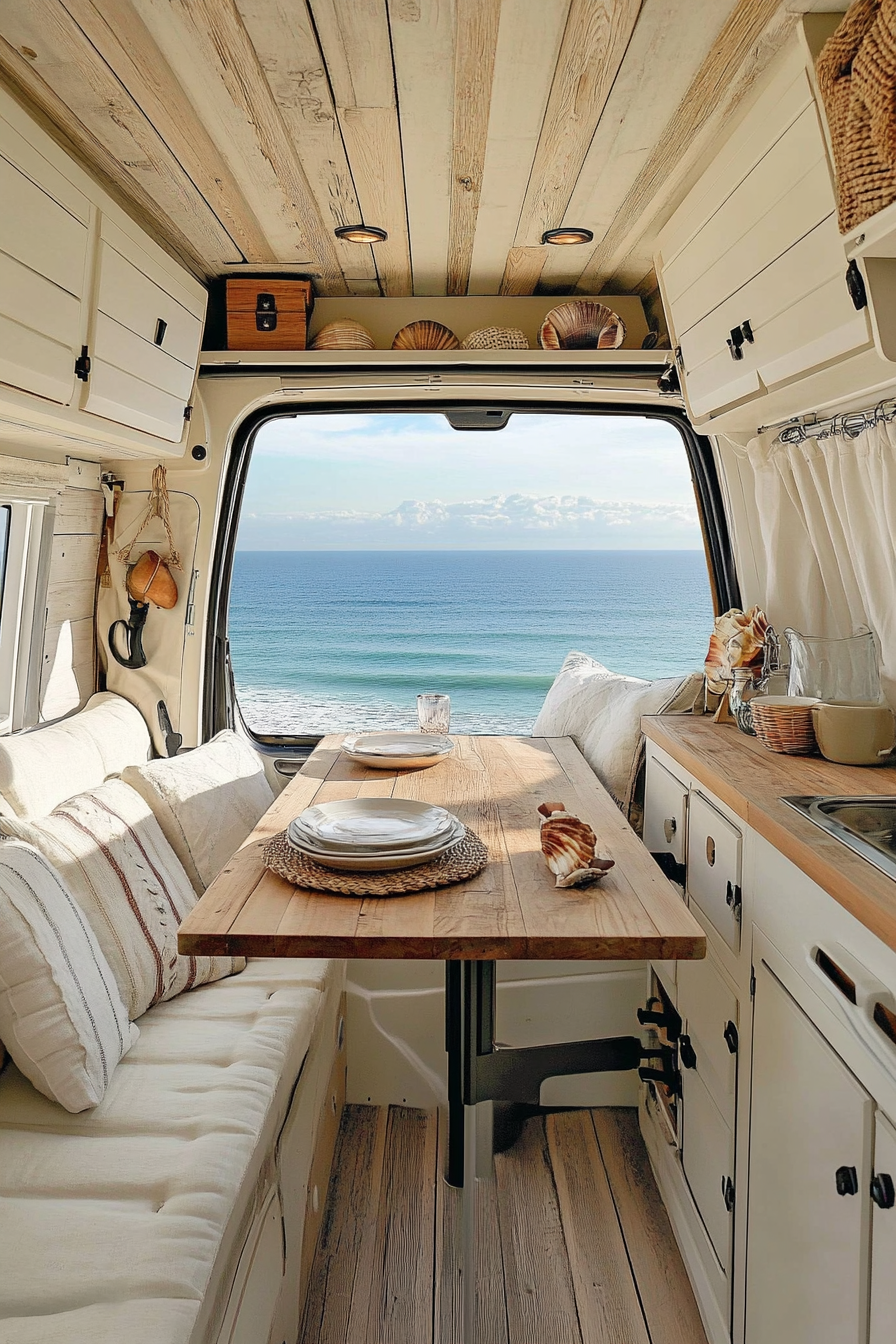 Van dining area. Cream cabinets, fold-out wooden table, rattan ocean view seats, shell decor.