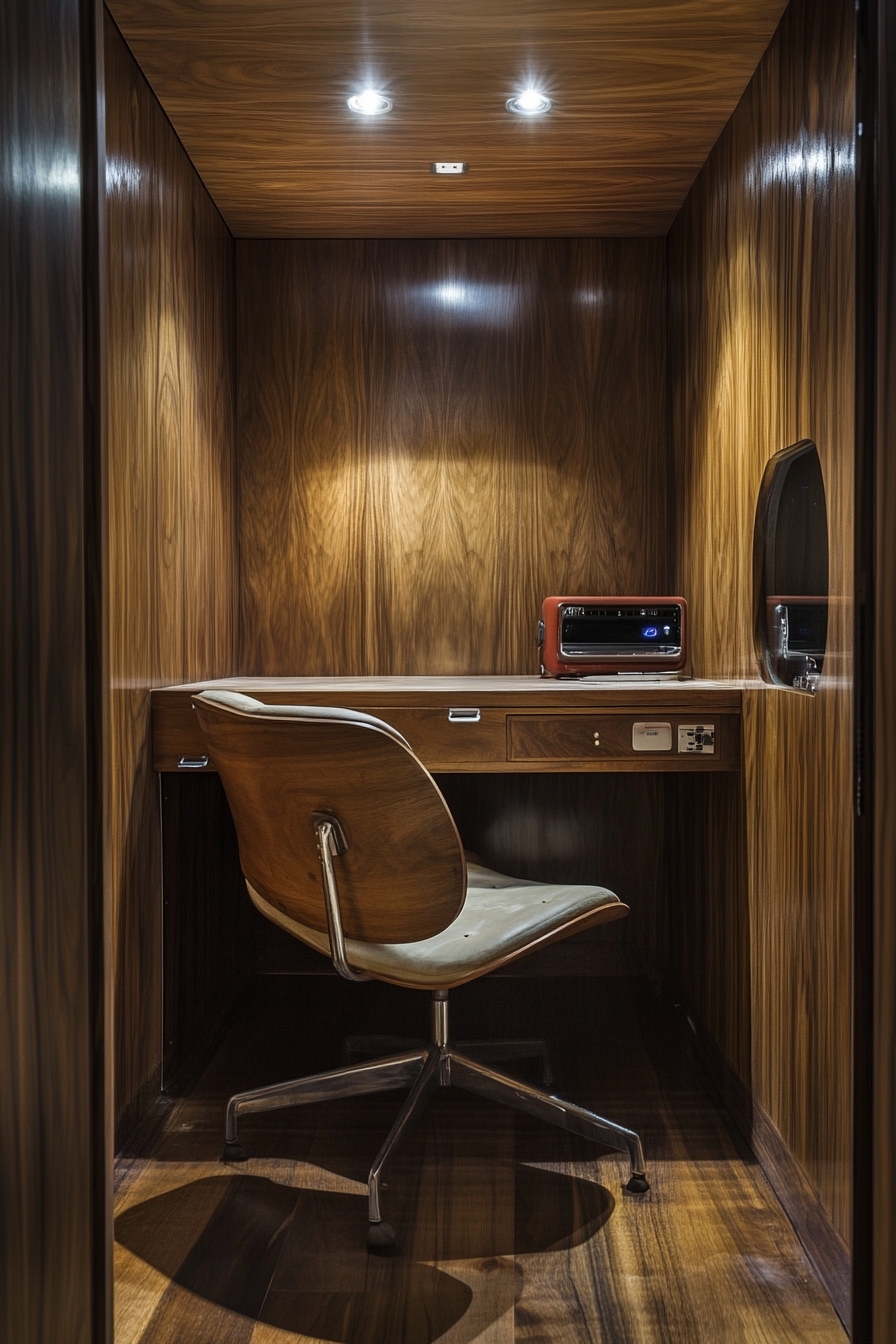 Mobile workspace, walnut paneling, vintage Eames chair under dim spotlights.