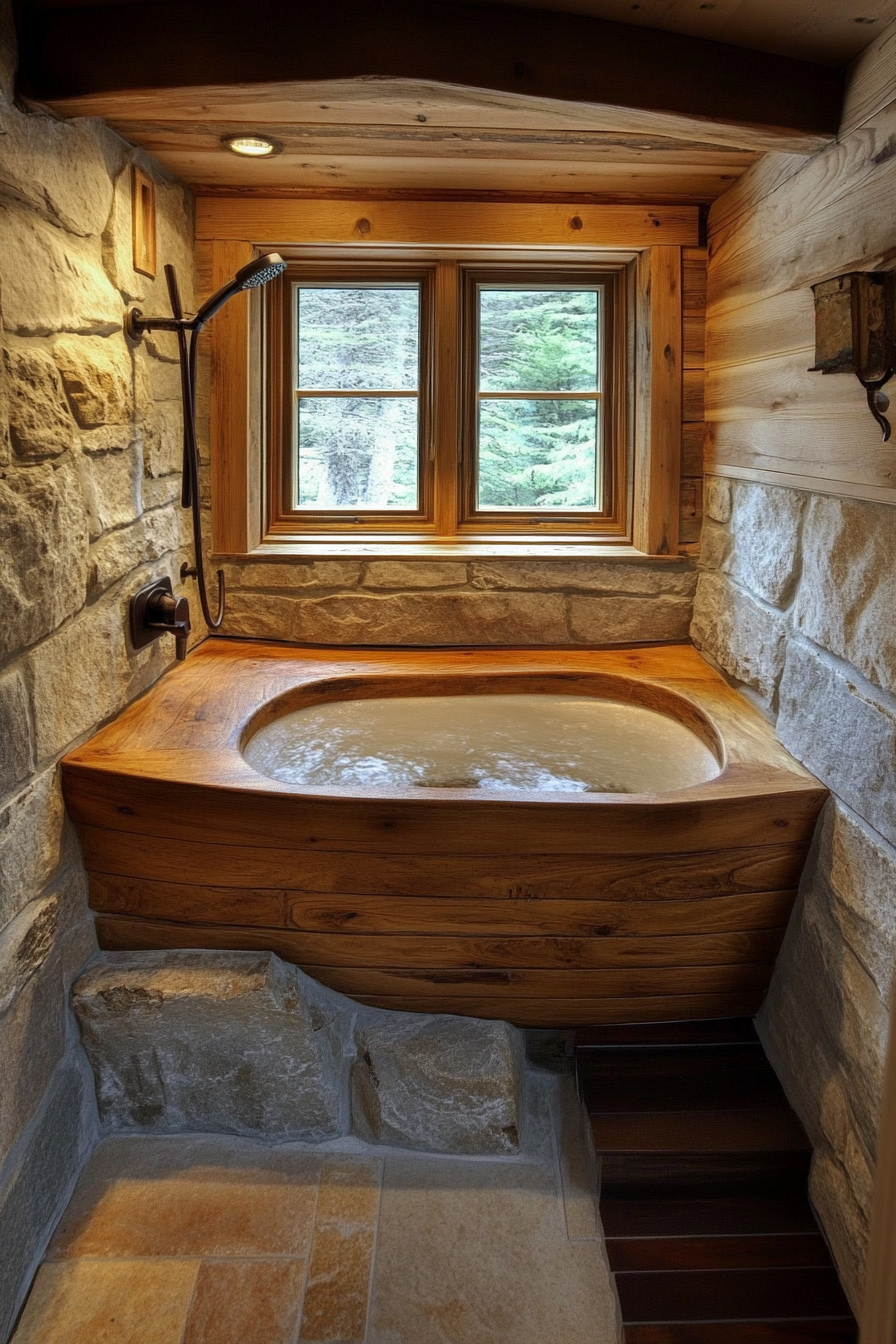 Natural tiny house bathroom. Wooden soaking tub with wide-angle view, highlighted stone elements.