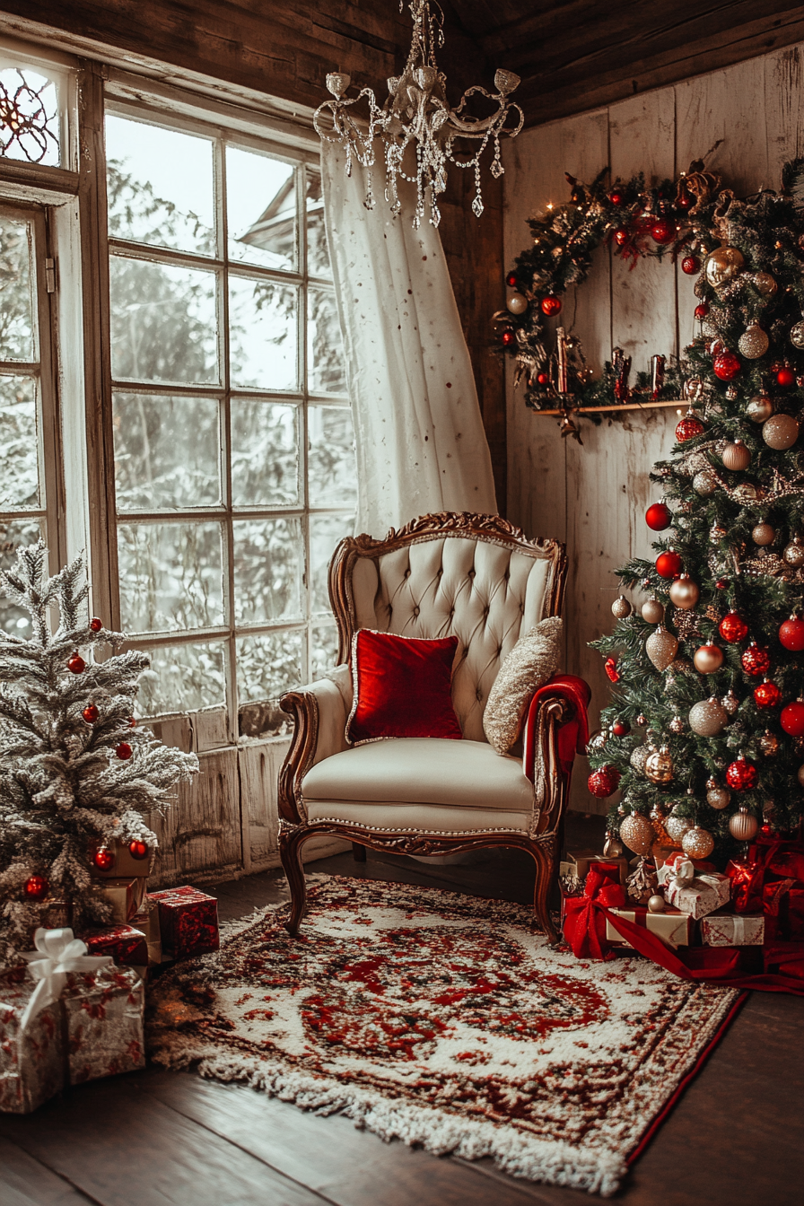 Wide-angle Christmas interior. Vintage ornaments, velvet ribbons, snowy cottage in the scene.