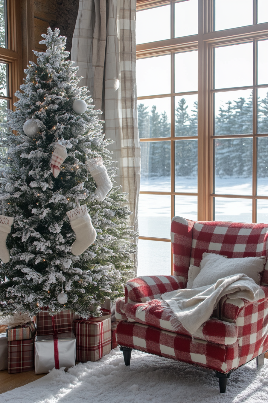 Holiday interior. Aluminum tree, checkered armchair, stuffed stockings by frozen lake.