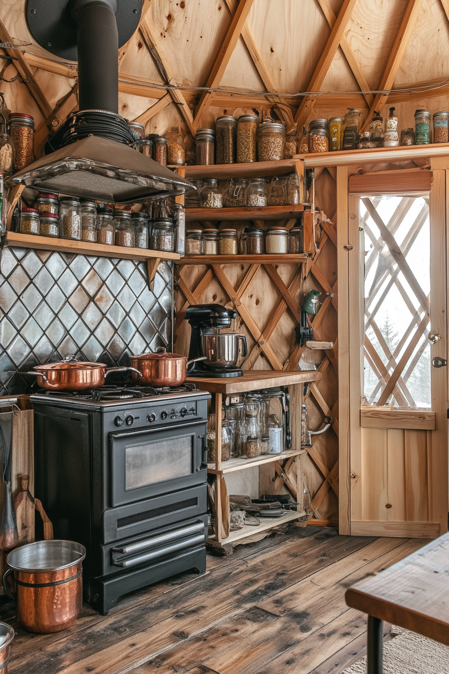 Alpine-style yurt kitchen. Wood stove, stacked copper pots, spice wall.