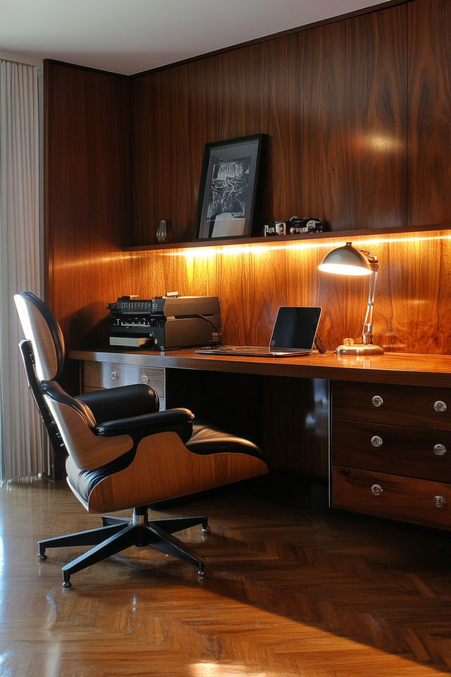 Wide angle workspace view. Walnut paneling, vintage Eames chair, dramatic downwards lighting.