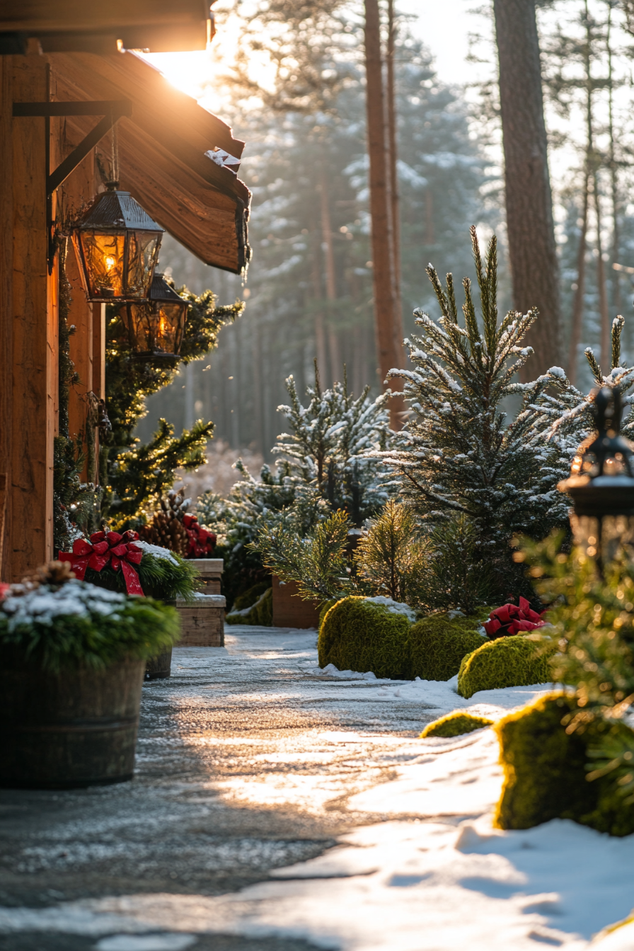 Wide-angle view of holiday space. Snowy pines surrounding woodland decorations and mossy details.