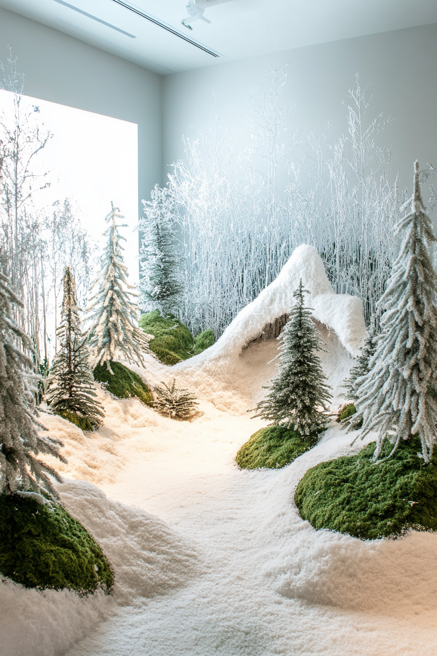 Wide angle holiday space. Snowy pines enclose whimsical woodland motif with moss accents.