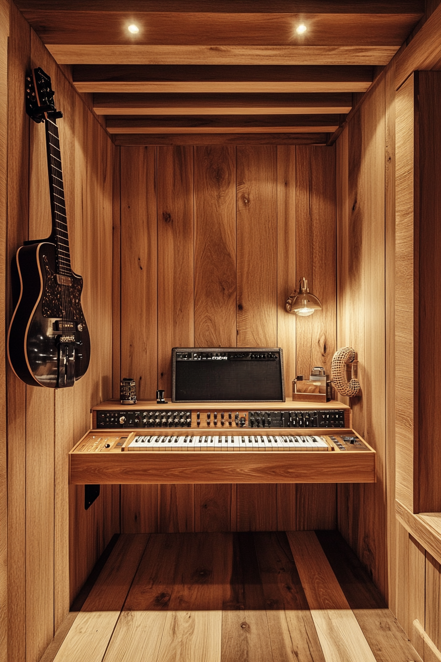 Tiny music room. Oak wood, soundproof walls, wall-mounted keyboard, woodland decor, guitar holder.