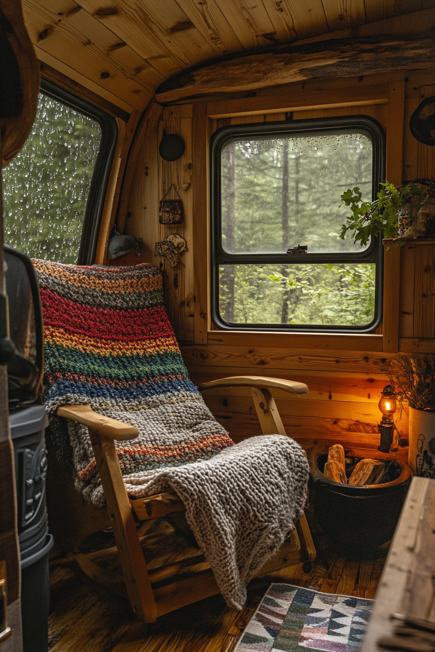 Woodland-Style Van Lounge. Pine paneling, knit throw blanket on cedar camp chair, rain-dotted window.