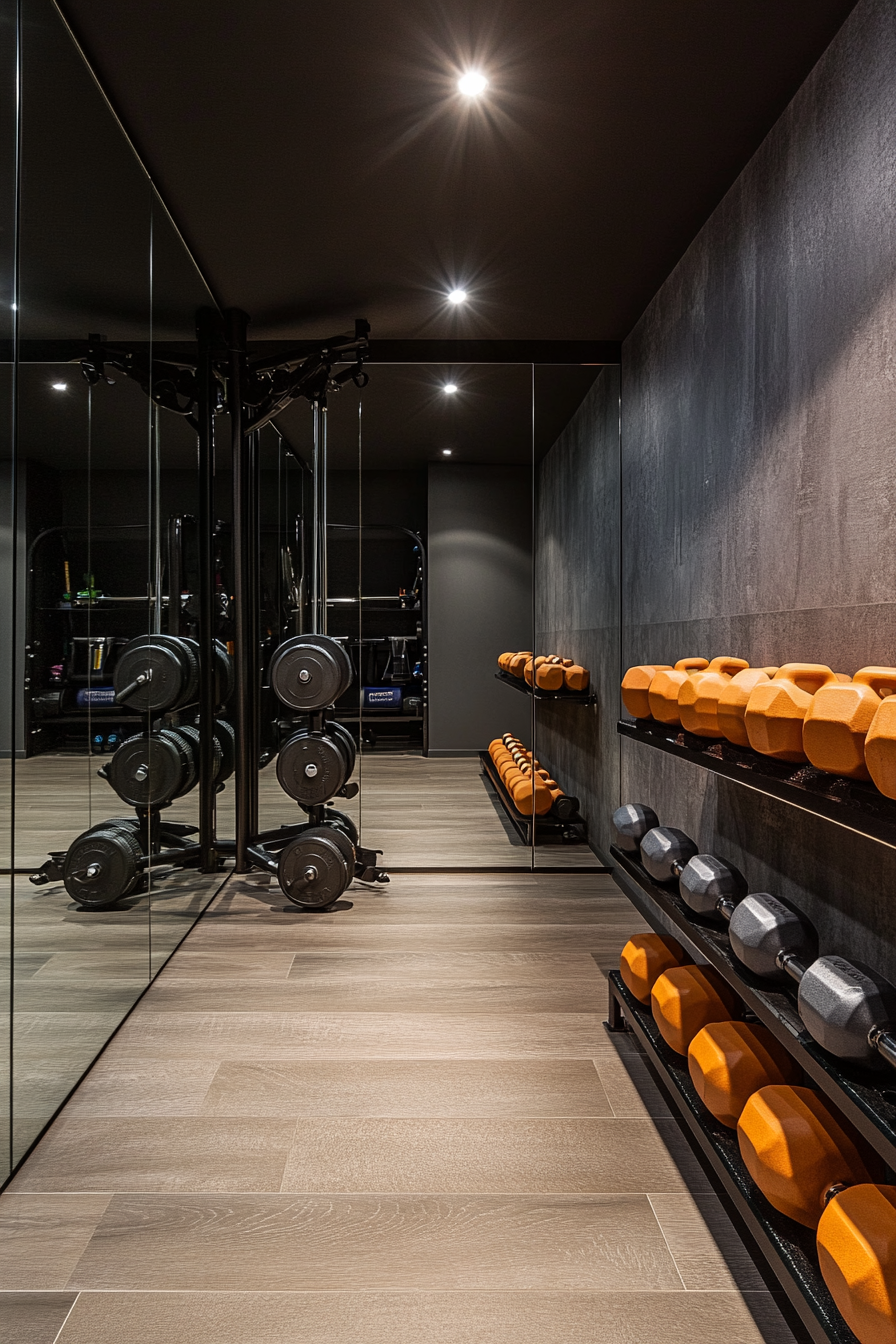 Contemporary tiny gym. Reflective mirror wall, helical shaped weight rack, chalk-colored kettlebells.