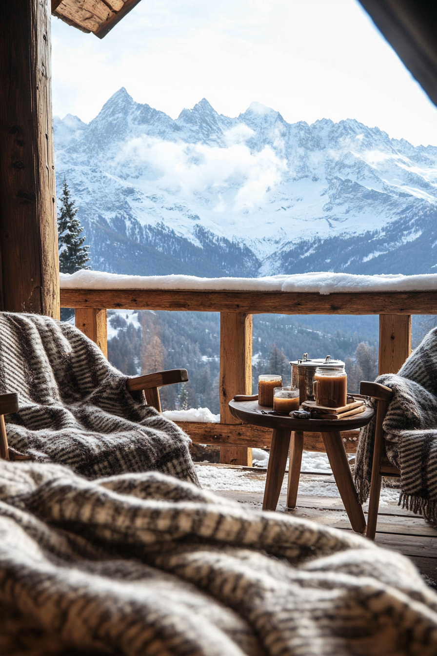 Ski lodge interior. Wool blankets on wooden chairs, cocoa station, view of snow-capped peaks.