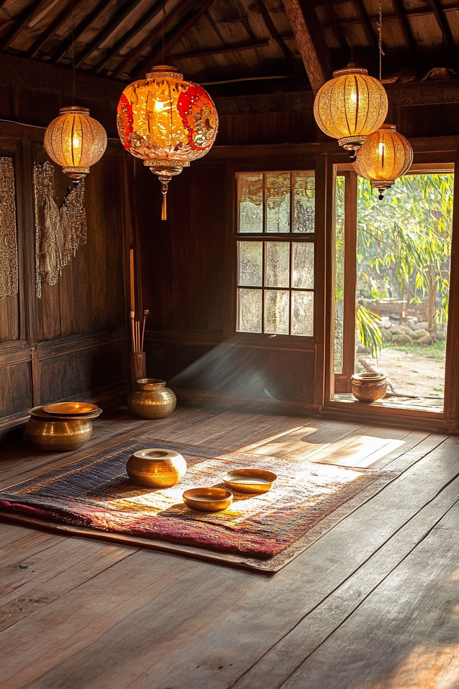 Van meditation room. Wooden floor, hanging curd lanterns, incense stand, singing bowls.