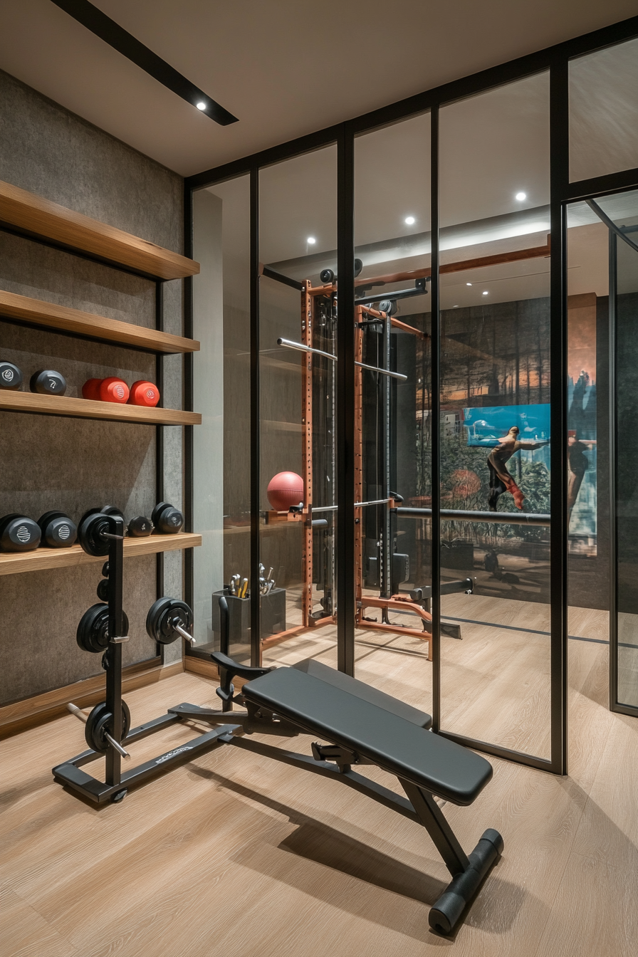 Contemporary tiny gym. Glass walls, floating shelves, Dumbbell rack, yoga mat holder.