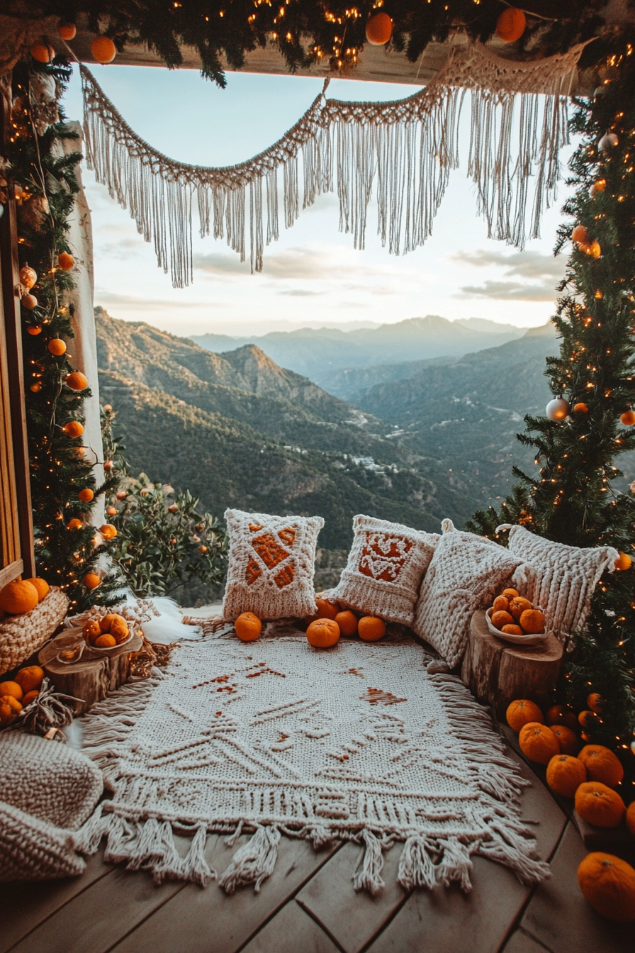 Wide angle holiday space. Macramé stockings, dried orange garlands, mountain sunset view.