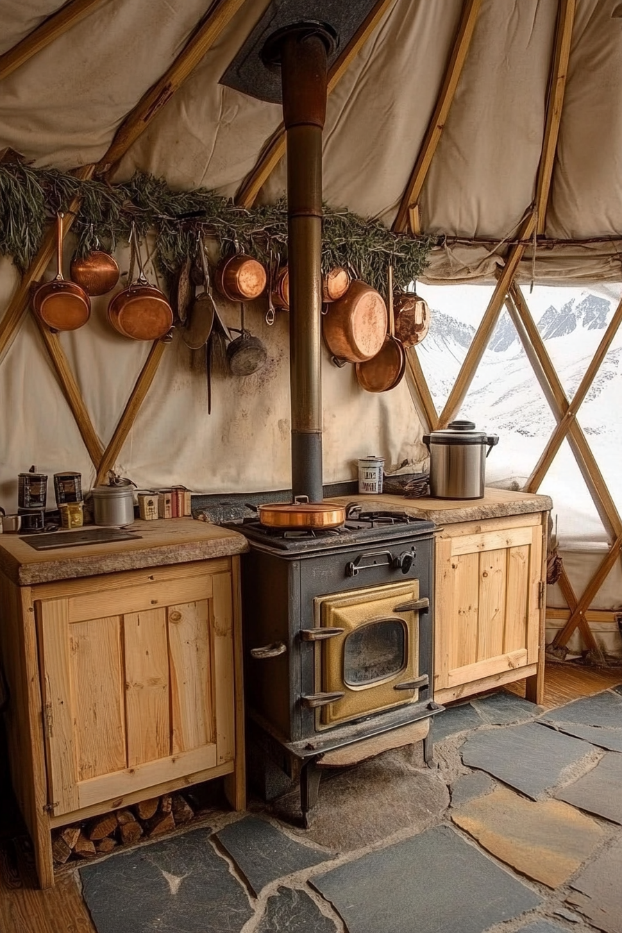 Alpine-style yurt kitchen. Slate floor, brass wood stove, dangling copper pots, laurel spice wall.