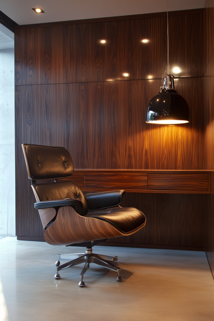 Wide angle view. Mobile workspace with walnut paneling and vintage Eames chair under dramatic lighting.