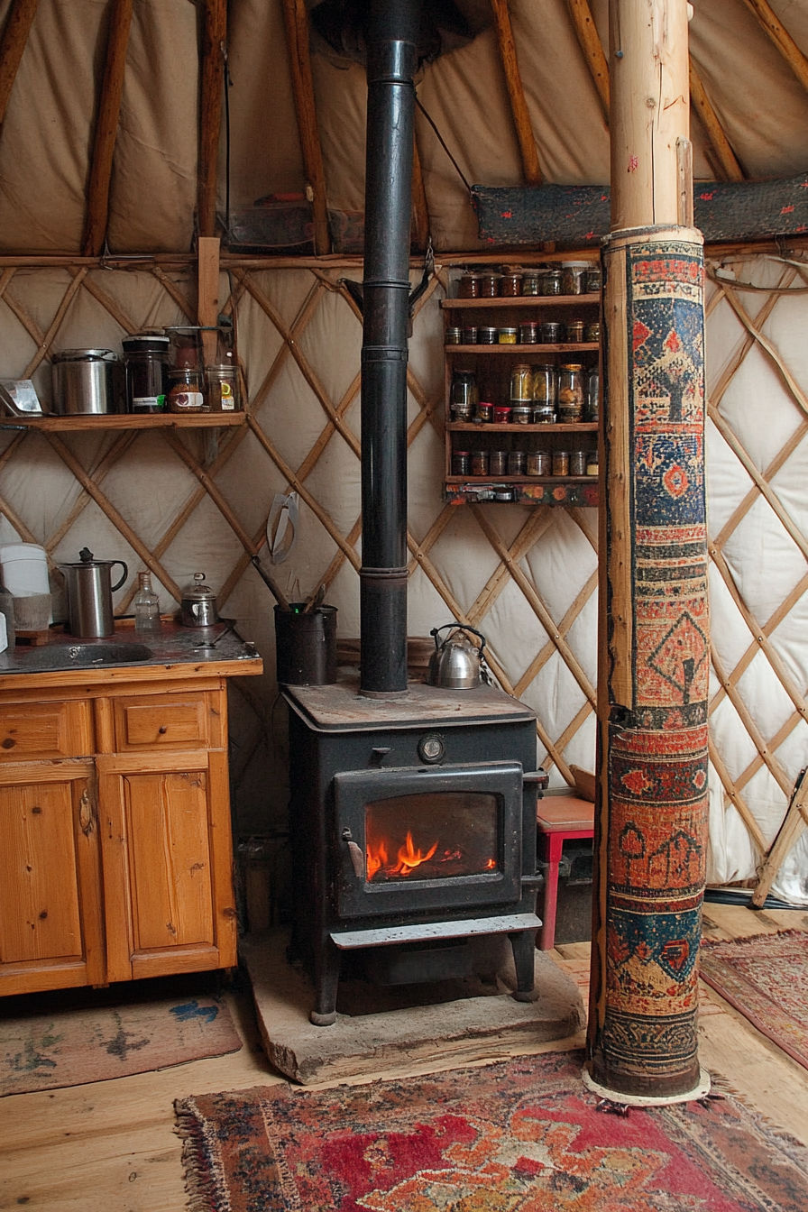 Alpine-style yurt kitchen. Wood-burning stove beside a richly-toned shitake column-mounted spice rack.