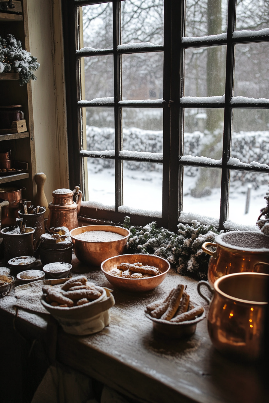 Wide angle view. Gingerbread-making space, copper pots, cinnamon bundles, snowy window view.