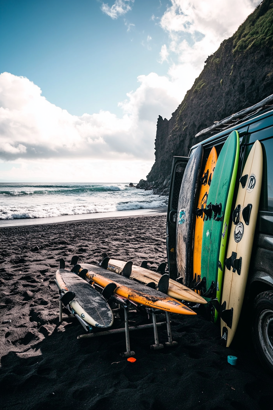 Wide angle view. Black sand beach. Surfboard racks by a van with outdoor shower.