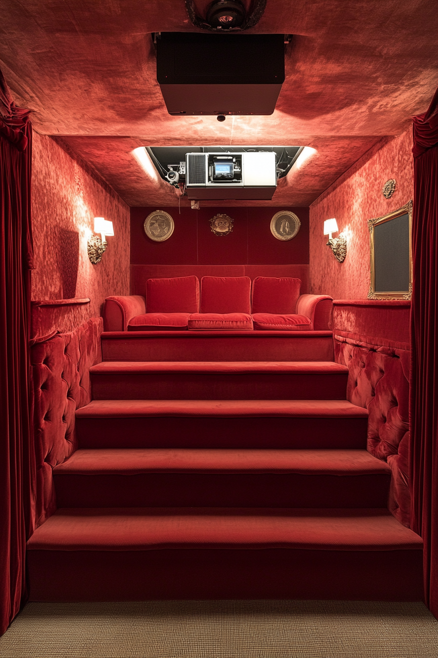 Contemporary Tiny Theater. Red velvet-tiered seating and ceiling-mounted projector.