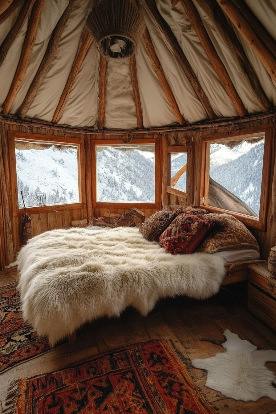 Alpine-View Yurt Bedroom. Rustic bed against panoramic window, adorned with snow-white fur throws.