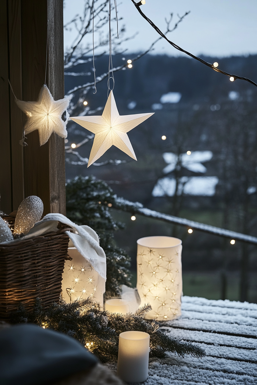 Modern Christmas decor. Frosted paperglow stars amongst white string lights, overlooking frost-kissed valley.