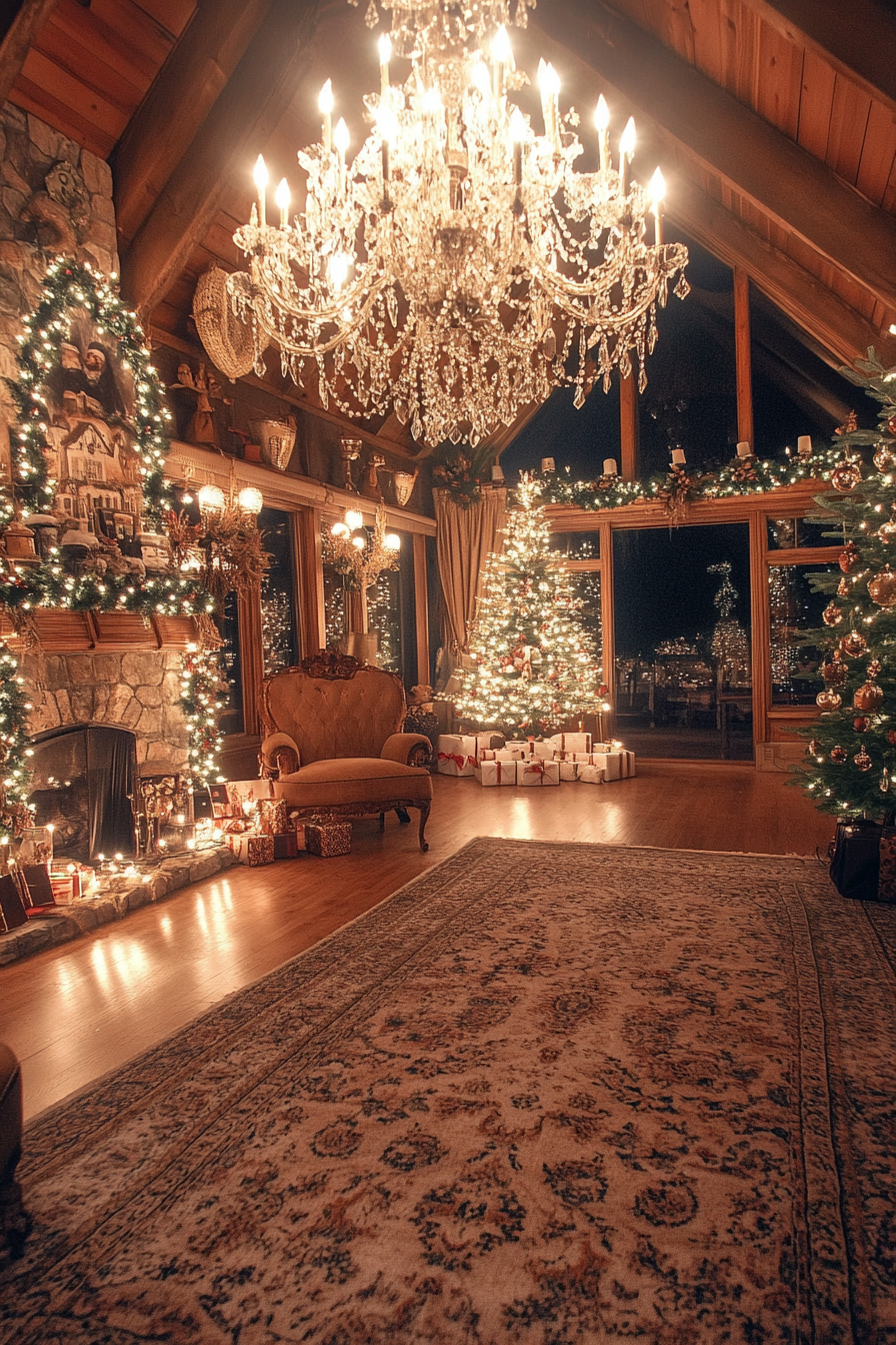 Wide angle Christmas interior. Elegant chandelier, vintage ornaments, spotted velvet ribbons, coir rug, hinted snow-covered village.